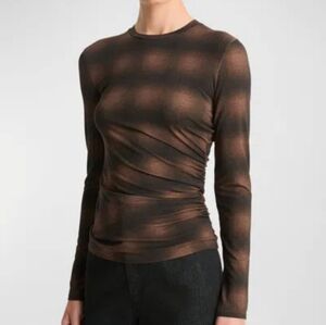 VINCE Long-sleeved Crewneck Ruched Side Top In Blk/Brown Size XL